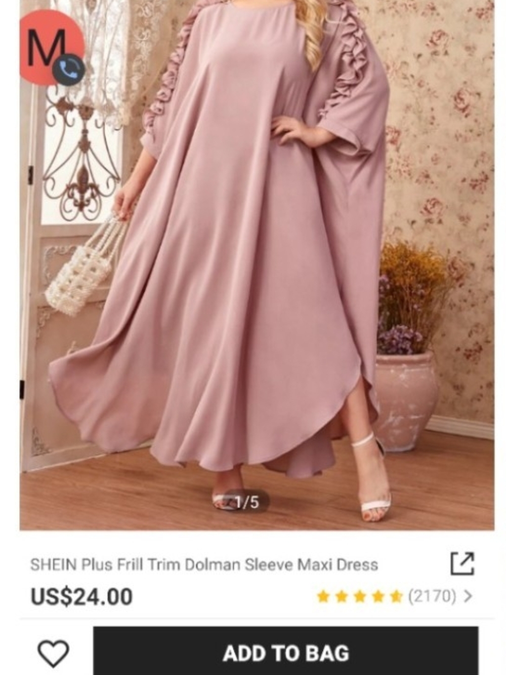 SHEIN Dusty Pink Frill-Trim Dolman Sleeve Maxi Dress
